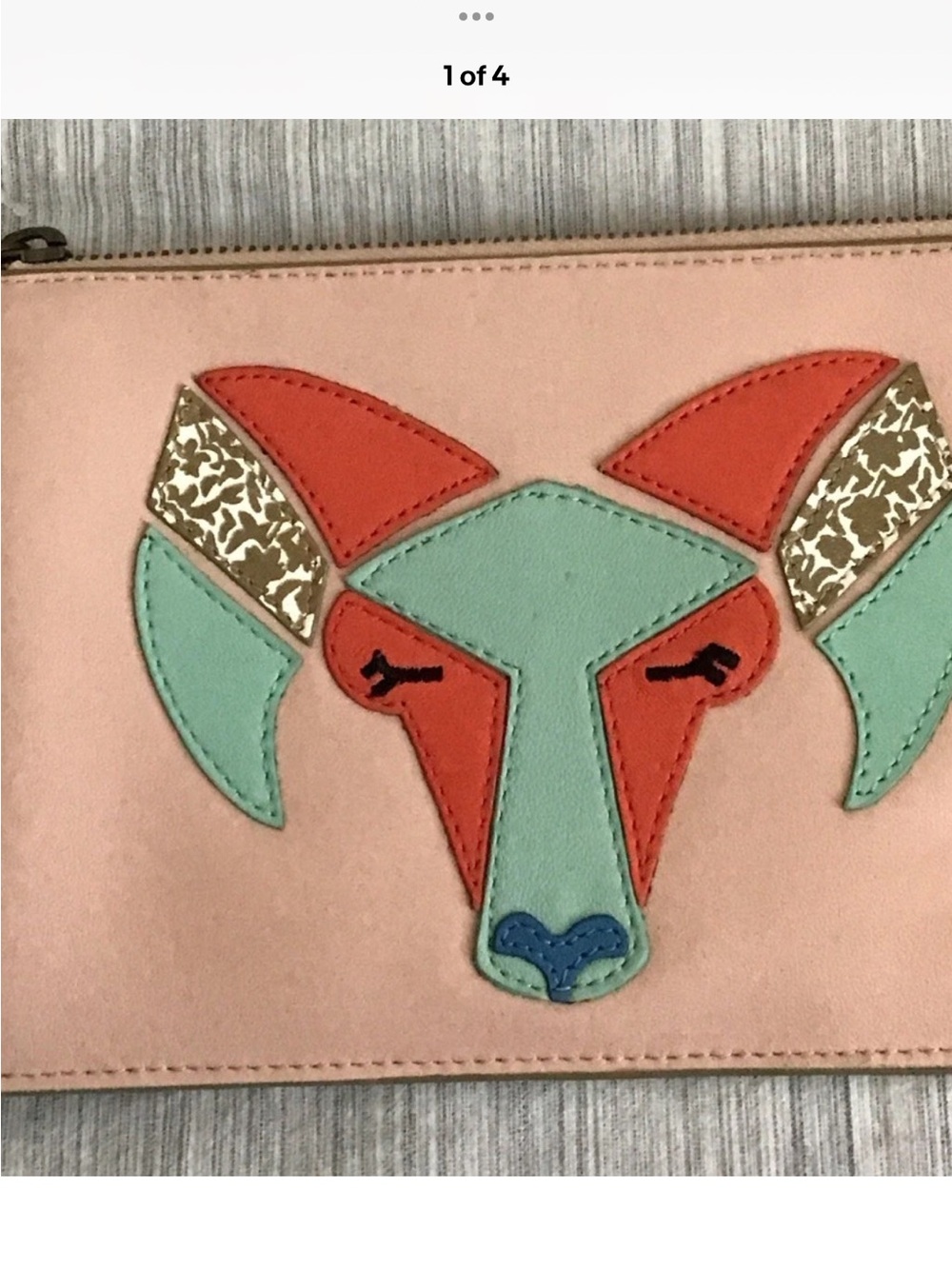Anthropologie  Coral, Mint & Gold Zip Pouch with Ram Appliqué